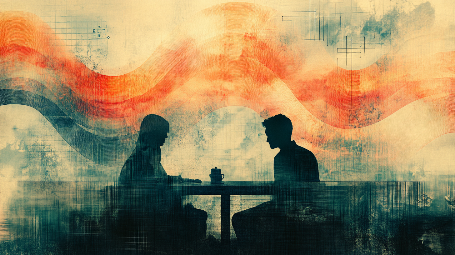 Abstract illustration of two silhouetted figures seated at a table with flowing, wave-like shapes in the background, symbolizing the concept of observing and understanding behavioral patterns in dating.