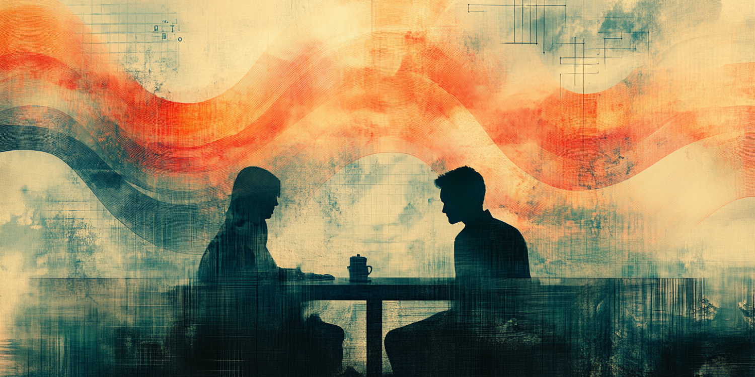Abstract illustration of two silhouetted figures seated at a table with flowing, wave-like shapes in the background, symbolizing the concept of observing and understanding behavioral patterns in dating.